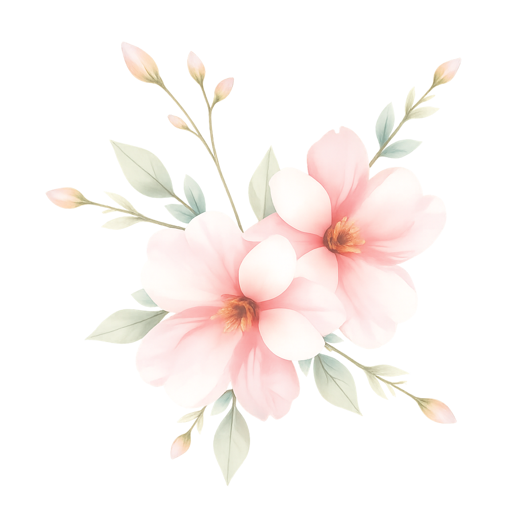 Soft pink flowers with green leaves and buds, delicate petals surrounding yellow centers.