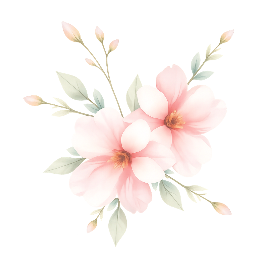 Soft pink and white magnolia flowers with green leaves and buds.