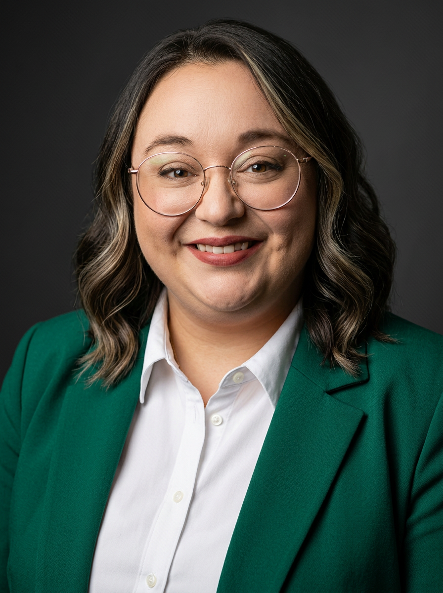 An education and organization consultant with wavy dark hair and glasses, wearing a white shirt and green blazer, smiling against a dark gray background.