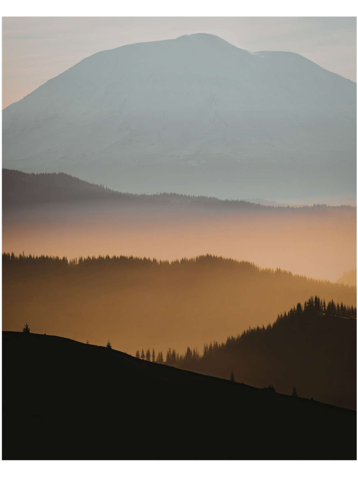 A layered landscape of mountains, forest, and mist at sunrise or sunset signifying the start of a journey.