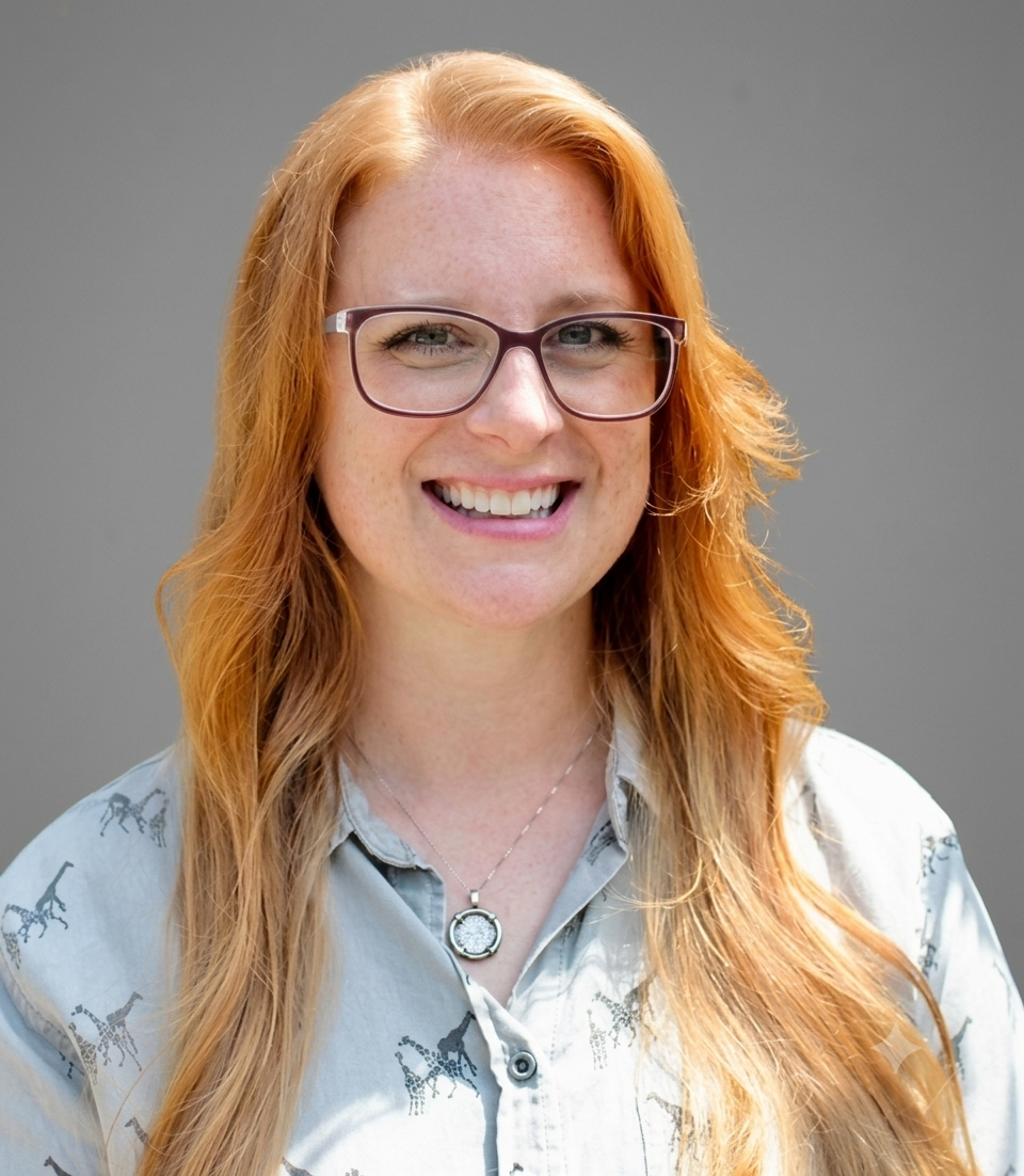 Portrait of a psychologist and behavioral science consultant with long red hair wearing glasses, a light-colored shirt with giraffe patterns, and a necklace, smiling against a gray background.