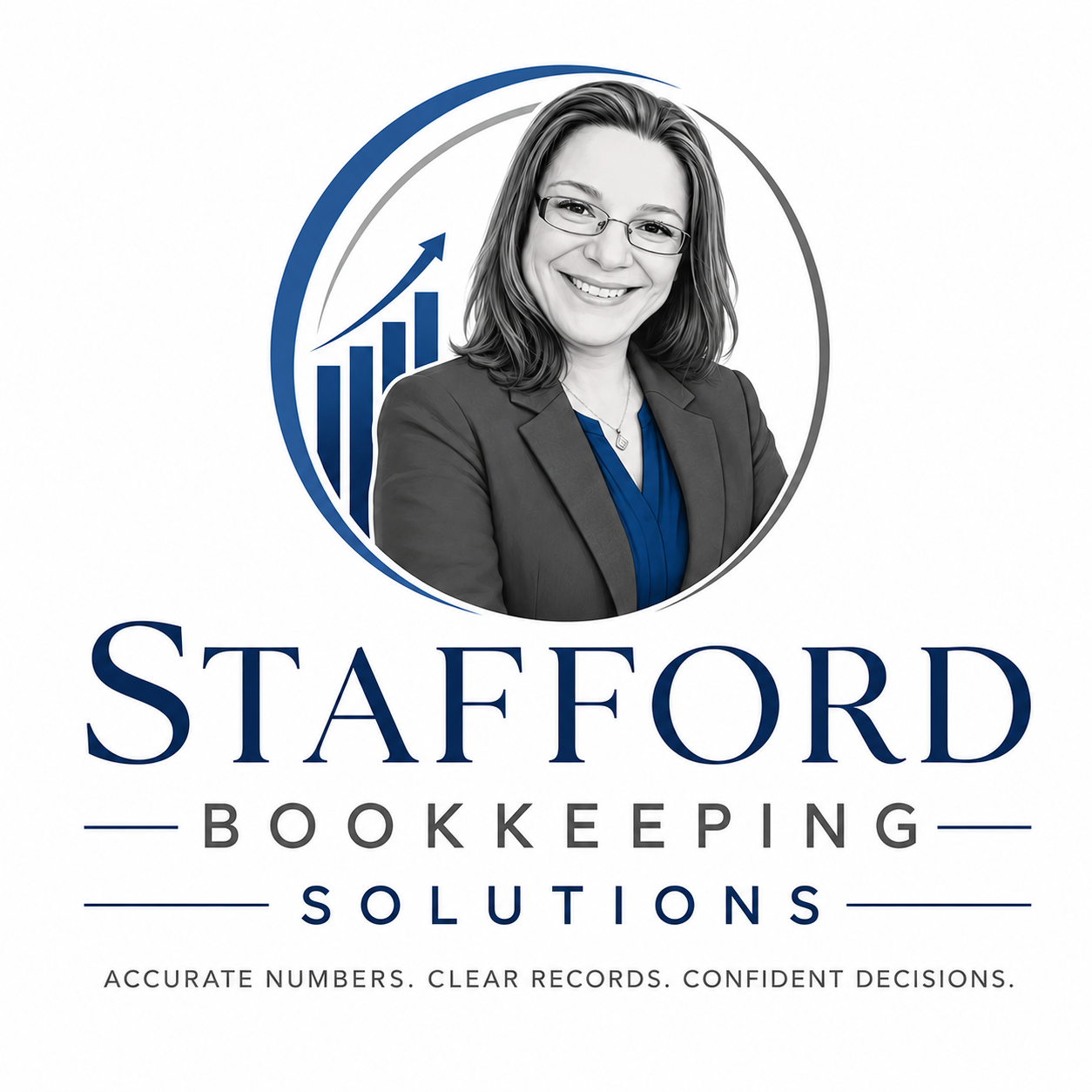 Logo for Stafford Bookkeeping Solutions featuring a smiling woman in business attire with a bar graph and upward arrow in the background.