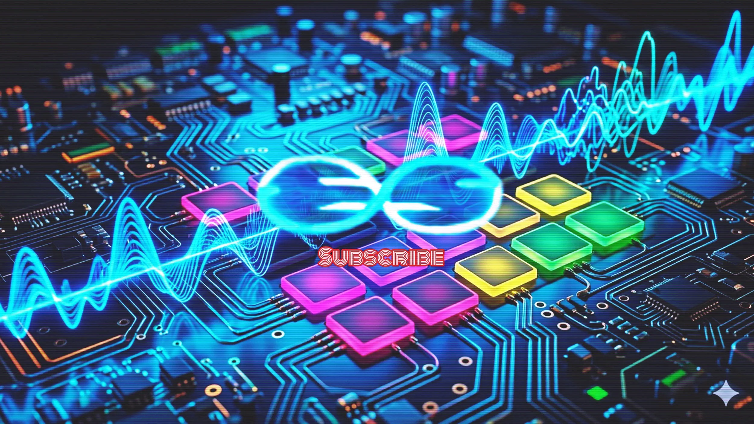 Futuristic digital circuit board with colorful glowing electronic components, waveforms, and a red subscribe button for @es-music-viz, the official Eternal Surge Music channel on YouTube.