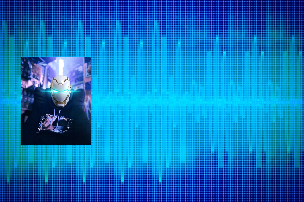 Digital audio equalizer display with a small inset image of a person wearing a futuristic mask and hoodie.