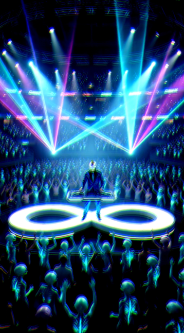 Cinematic Electronica Music Artist Eternal Surge performs at a nightclub with colorful laser lights and a large crowd of people dancing.