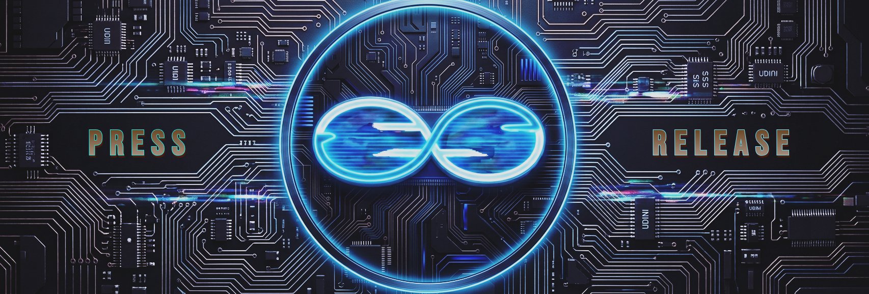 Futuristic digital circuit board with glowing infinity symbol in the center, flanked by the words 'Press' on the left and 'Release' on the right.