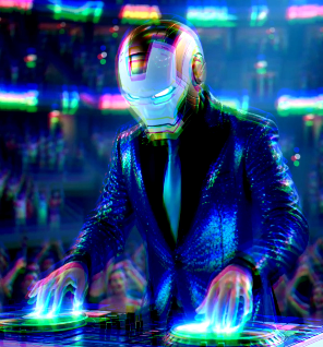 Cinematic Electronica Music Artist Eternal Surge performance wearing a futuristic, glowing mask and a shiny, sparkling jacket, mixing music in a vibrant, neon-lit club.