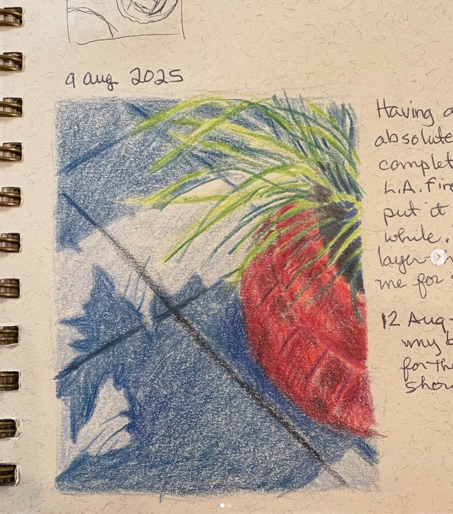 A crayon drawing of three strawberries, each colored differently in blue, green, and red. The drawing is on a textured paper with handwritten notes and a date, August 9, 2025, in the top left corner.