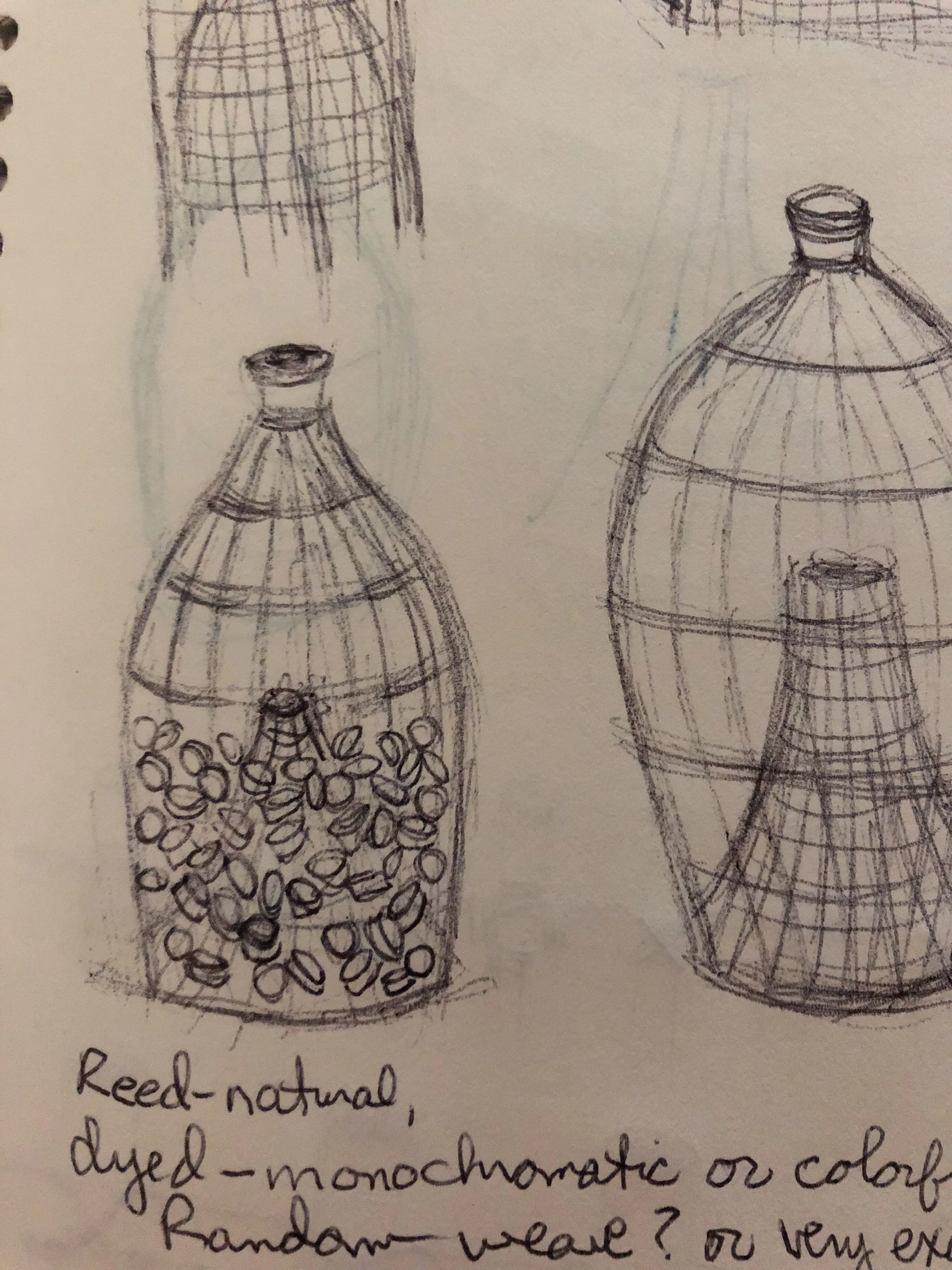Sketch of two glass bottles with metal caps, one filled with small round objects, possibly seeds or beans, and the other empty. The sketch is on lined paper with handwritten notes underneath.