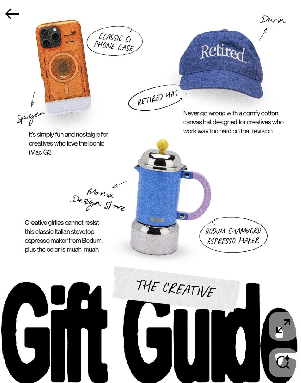 A collage of nostalgic and creative items, including an orange iPhone case labeled 'Classic i Phone Case', a blue cap with 'Retired' written on it, a blue and purple espresso maker with 'Bodum Chambord Espresso Maker' label, and text describing these items along with a large bold graphic reading 'Gift Guide' and a smaller note saying 'The Creative'.