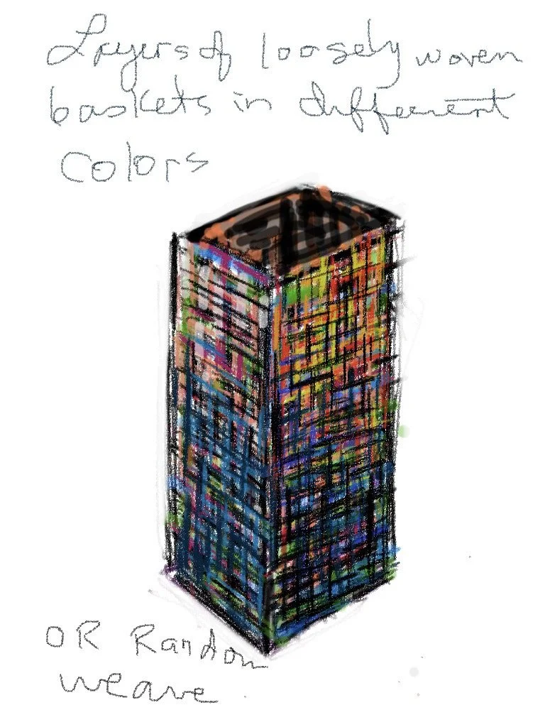 Colorful sketch of a tall building with handwritten notes about Likely of loosely worn backlets in different colors or random wear.