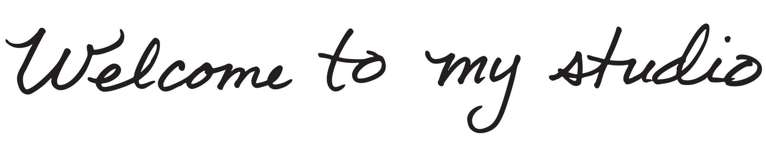 Text overlay says "Welcome to my studio" in black cursive font on transparent background.