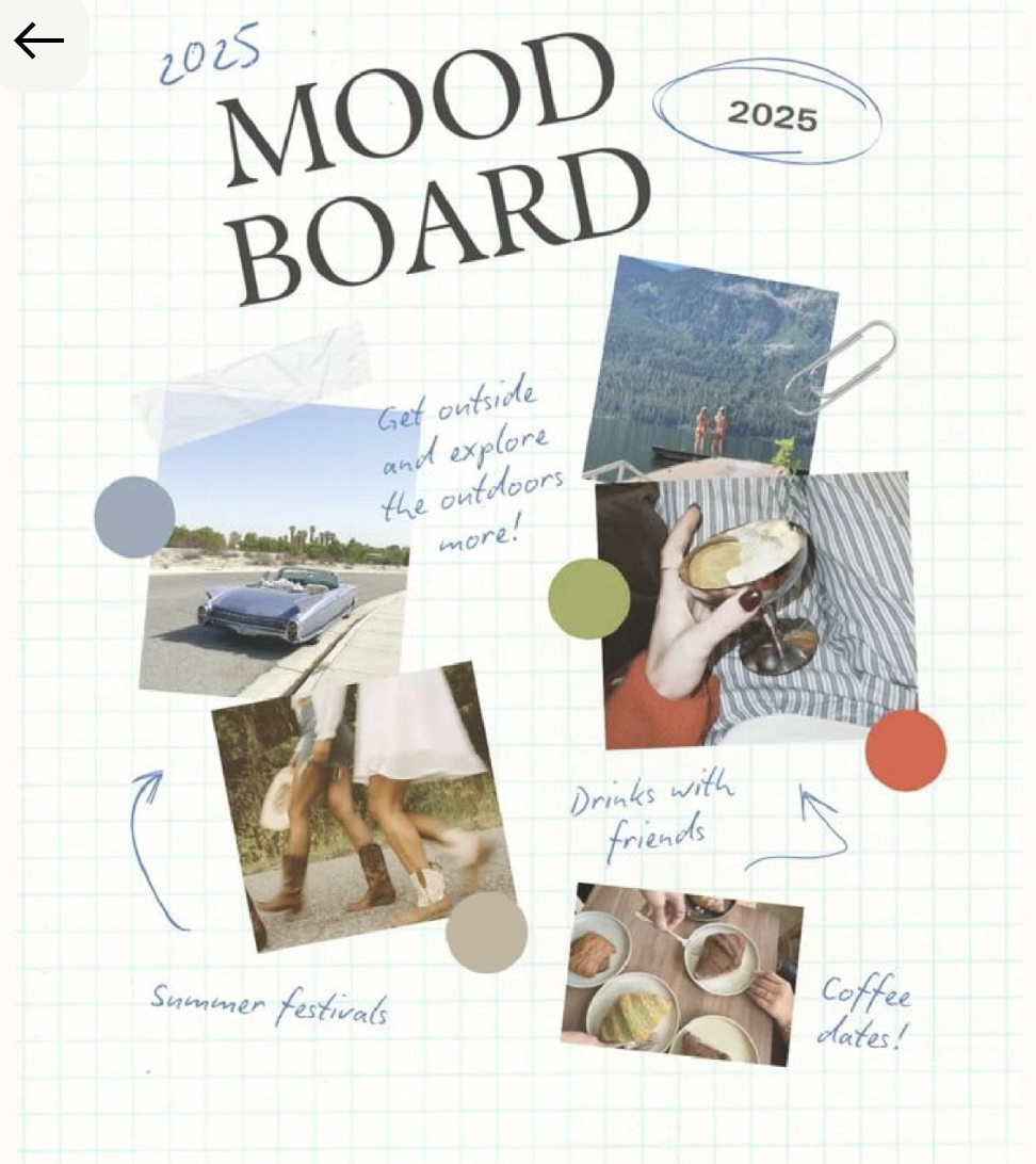 A collage of photos and handwritten notes on a grid paper background titled 'Mood Board 2025.' It includes images of a lake with people, a vintage car, a person holding a dessert cup, people at summer festivals, and small bowls with food. Handwritten notes mention exploring outdoors, drinks with friends, summer festivals, and coffee dates.