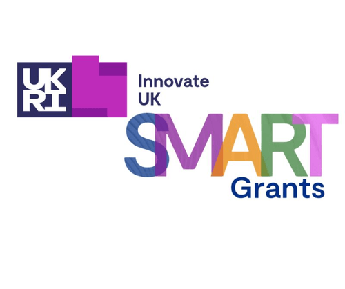 Logo for UK Research and Innovation's SMART Grants, featuring purple and green graphics and text.