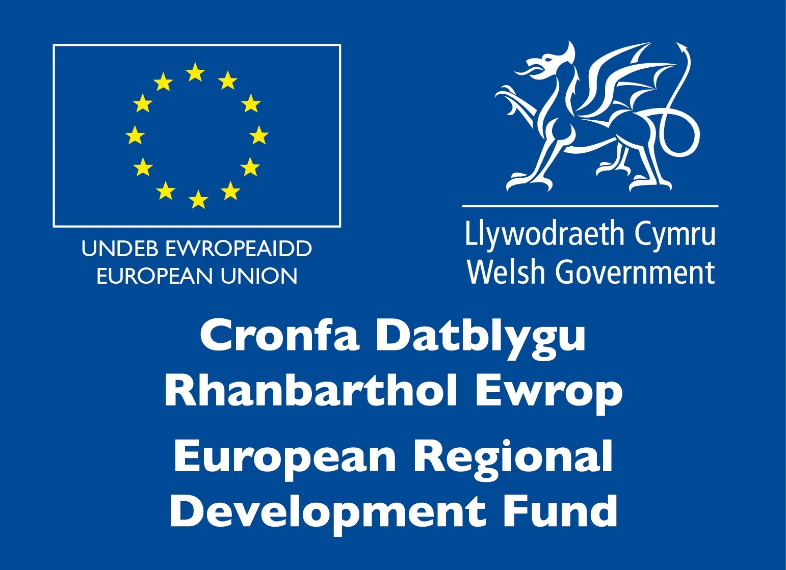 A sign with the European Union flag and emblem of the Welsh Government, text in Welsh and English about the European Regional Development Fund.