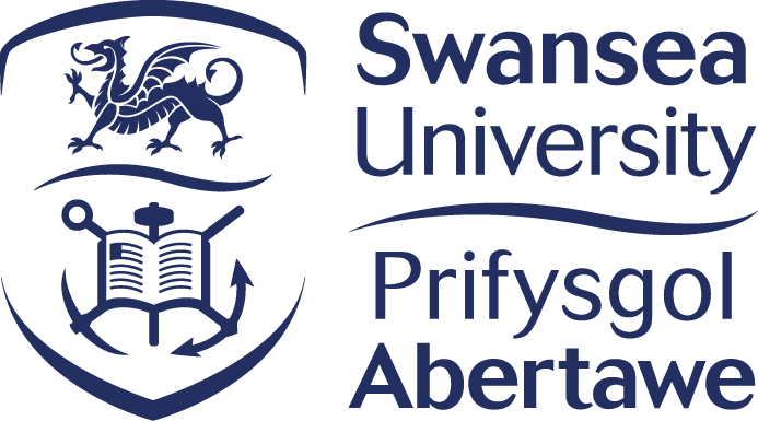 Swansea University logo with a shield featuring a dragon, an open book, and an anchor, alongside the Welsh language name 'Prifysgol Abertawe'.