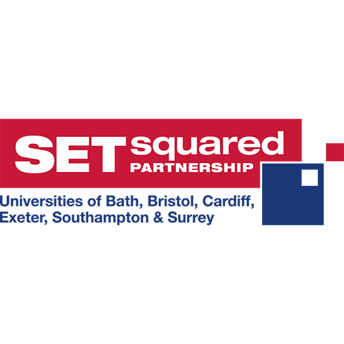 Logo for SET squared Partnership featuring the names of universities of Bath, Bristol, Cardiff, Exeter, Southampton, and Surrey.