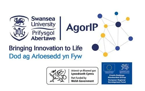 Logos of Swansea University, AgorIP, and Welsh Government, with the tagline 'Bringing Innovation to Life' in English and Welsh, and a graphic of interconnected nodes and a lion emblem.