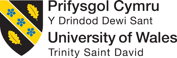 University of Wales Trinity Saint David logo with a shield featuring blue flowers and yellow leaves, and text in Welsh and English.