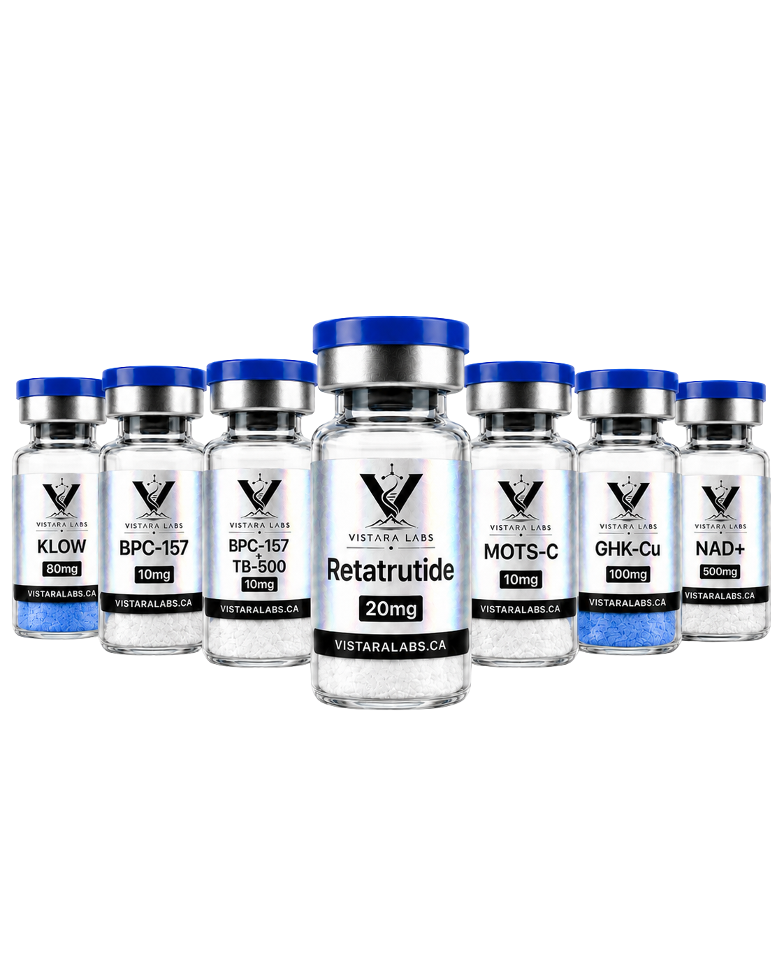 Vistara Labs research peptide vials including Retatrutide, BPC-157, GHK-Cu and NAD+