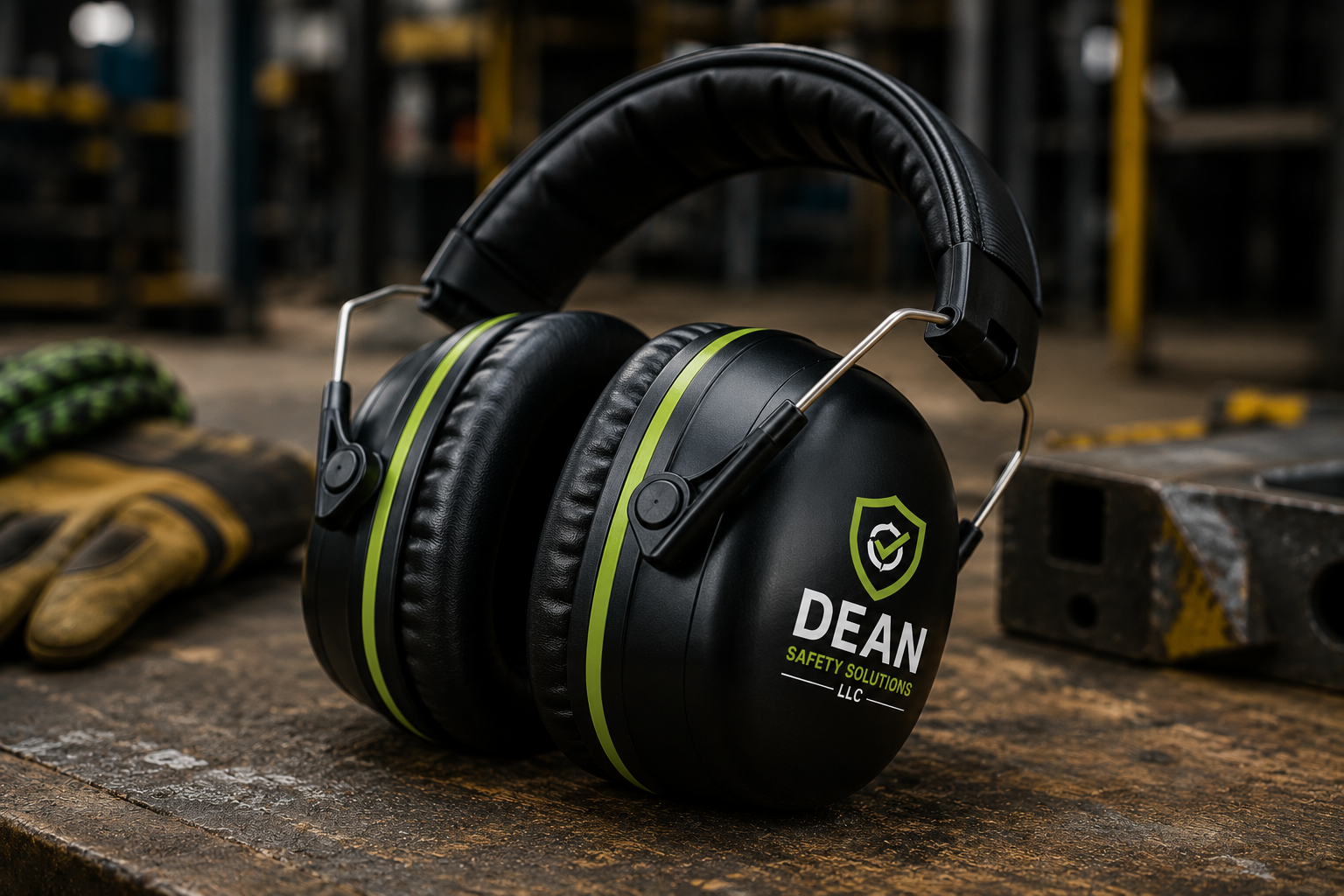 Black safety earmuffs with green accents and a logo, placed on a workbench in an industrial setting.