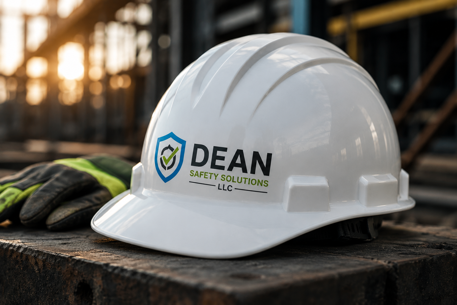 A white safety helmet with the logo and name of DEAN Safety Solutions LLC placed on a weathered wooden surface, with a pair of work gloves nearby, at an industrial site.