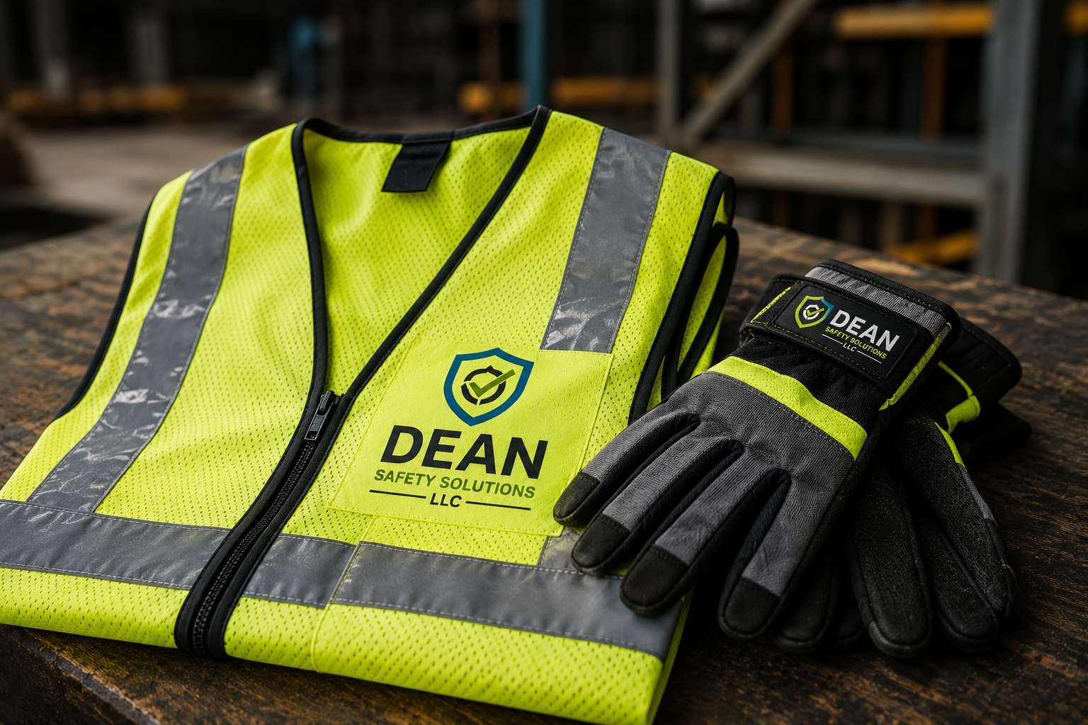 High visibility safety vest and gloves with 'DEAN SAFETY SOLUTIONS LLC' logo on a wooden workbench in a warehouse or construction site.