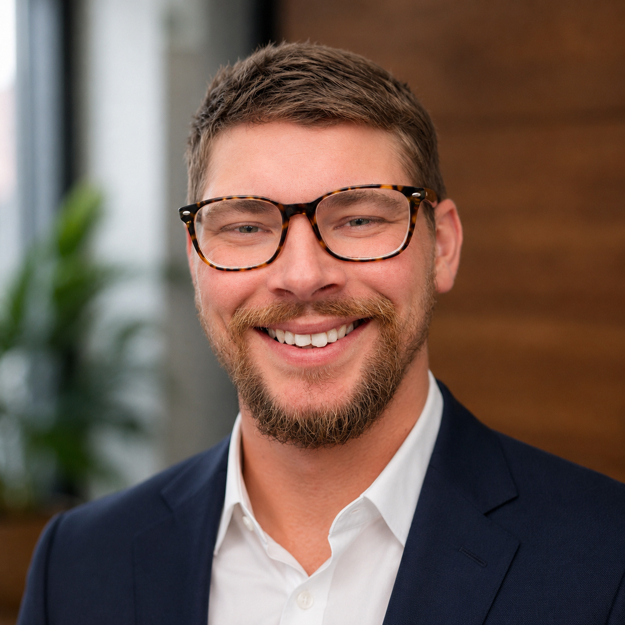 Smiling man with glasses, beard, wearing a suit and white shirt, in an office setting.