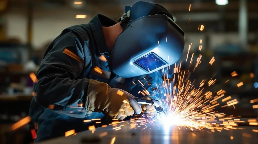 A person welding metal with sparks flying in a workshop.