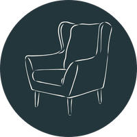 Line drawing of an armchair with high back and wooden legs against a dark background