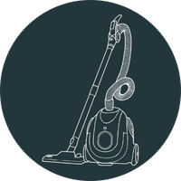 Line drawing of a vacuum cleaner with a hose and handle