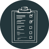 Line checklist on a clipboard with checkmarks, written with white lines and icons on a dark background.