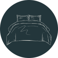 Line drawing of a bed with pillows and a blanket on a dark background.
