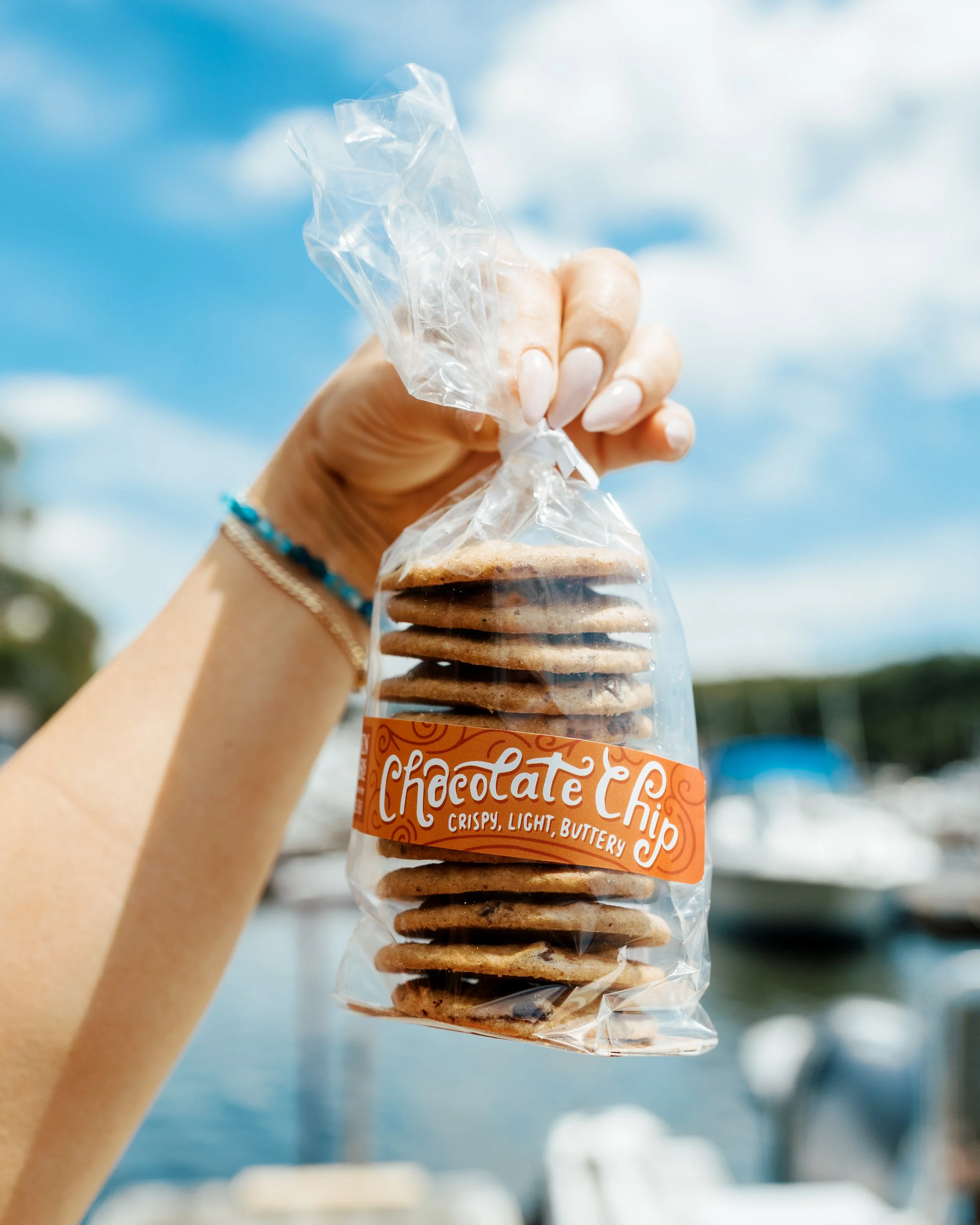 Hand holding a bag of Seven Stars Bakery chocolate chip cookies against a blue sky and waterfront.