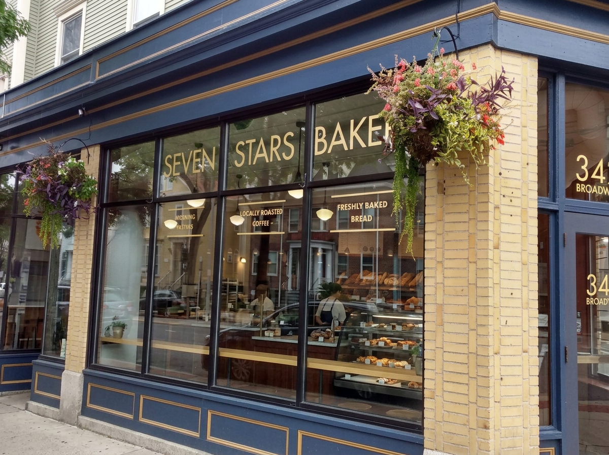 Seven Stars Bakery Broadway storefront with hanging flowers and signs for breakfast, local coffee and fresh bread.