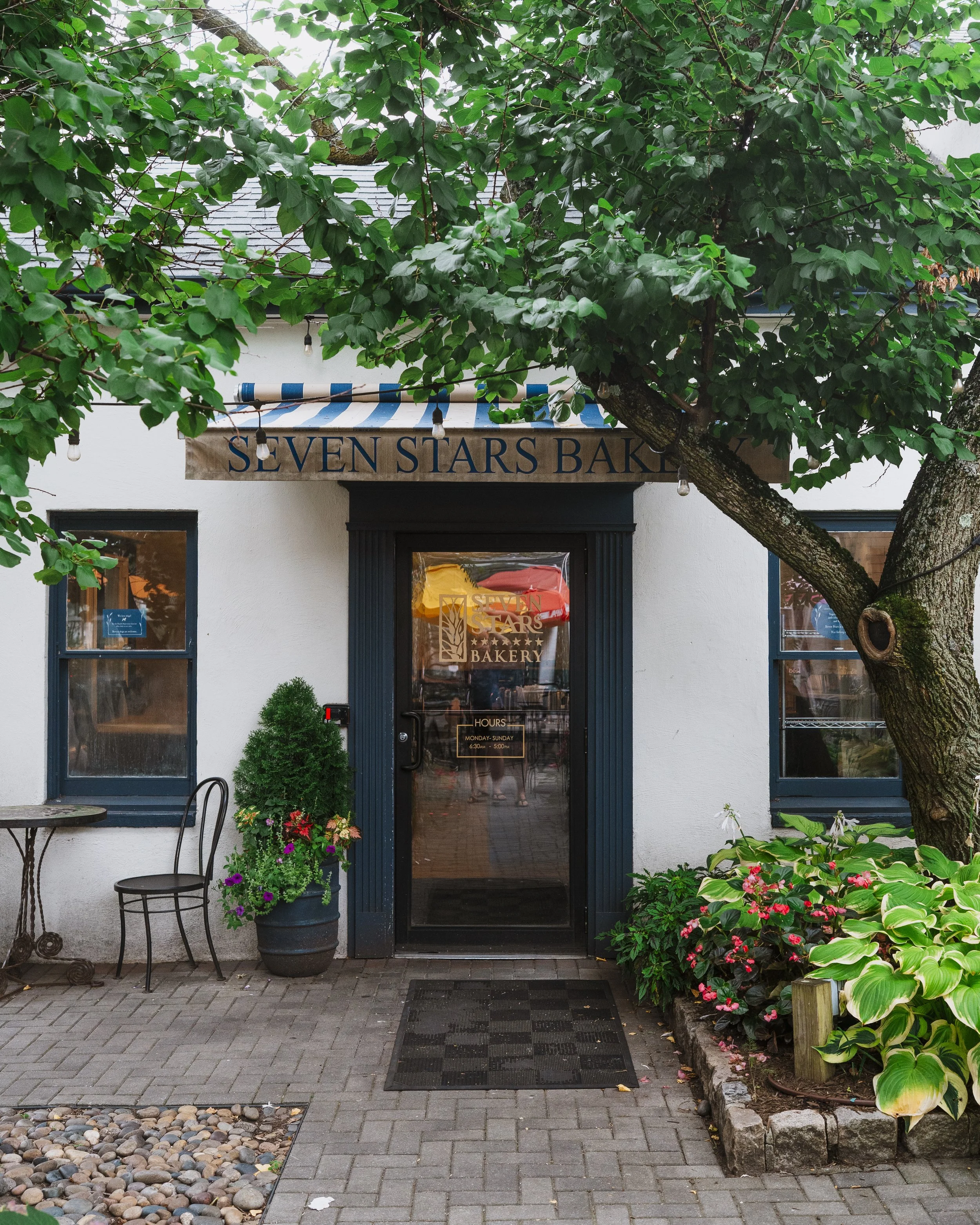 The entrance of Seven Stars Bakery with a glass door, potted plants, a small table, and chairs outside. A large tree with green leaves partially covers the building, and colorful flowers grow along the side of the entrance.