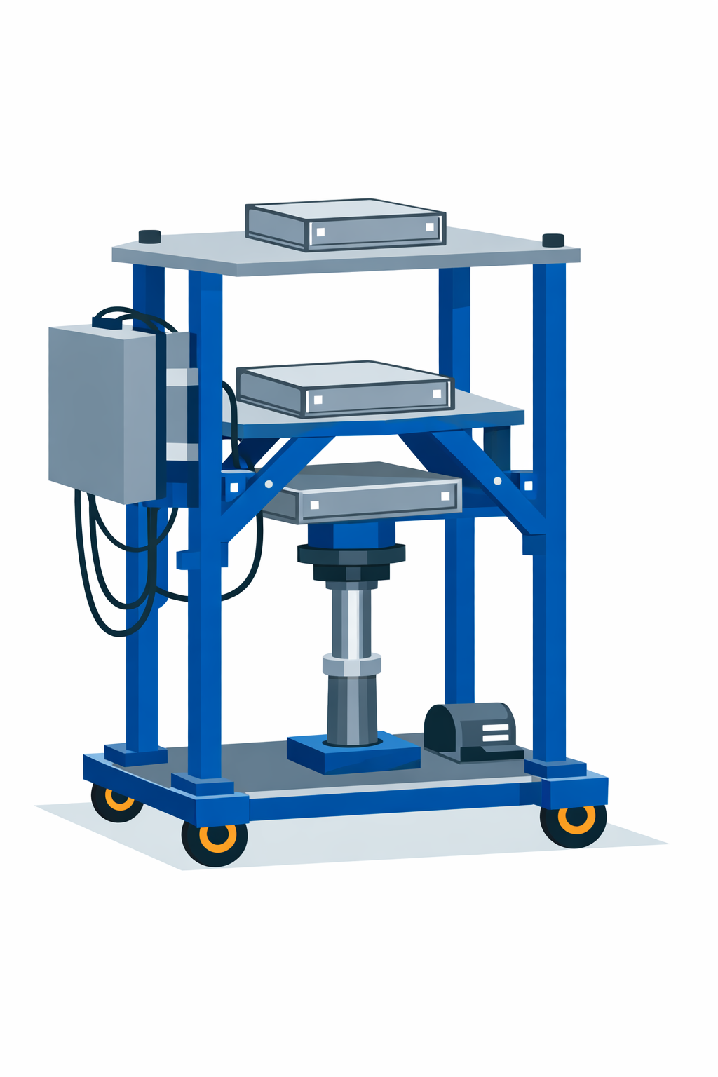 A blue industrial equipment cart with three shelves, containing electronic devices and connected wires, on wheels.
