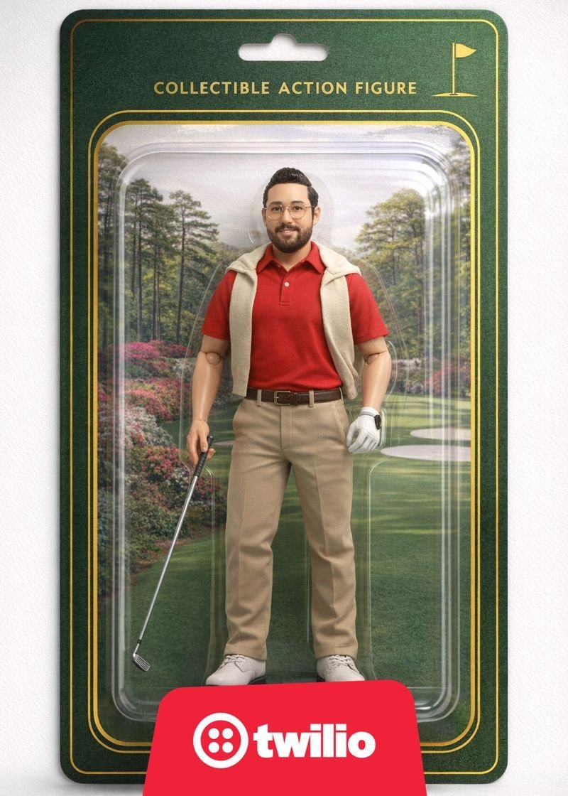 A collectible action figure of a man with glasses, beard, wearing a red polo shirt, khaki pants, white shoes, and a beige vest draped over his shoulders, holding a golf club on a golf course background.