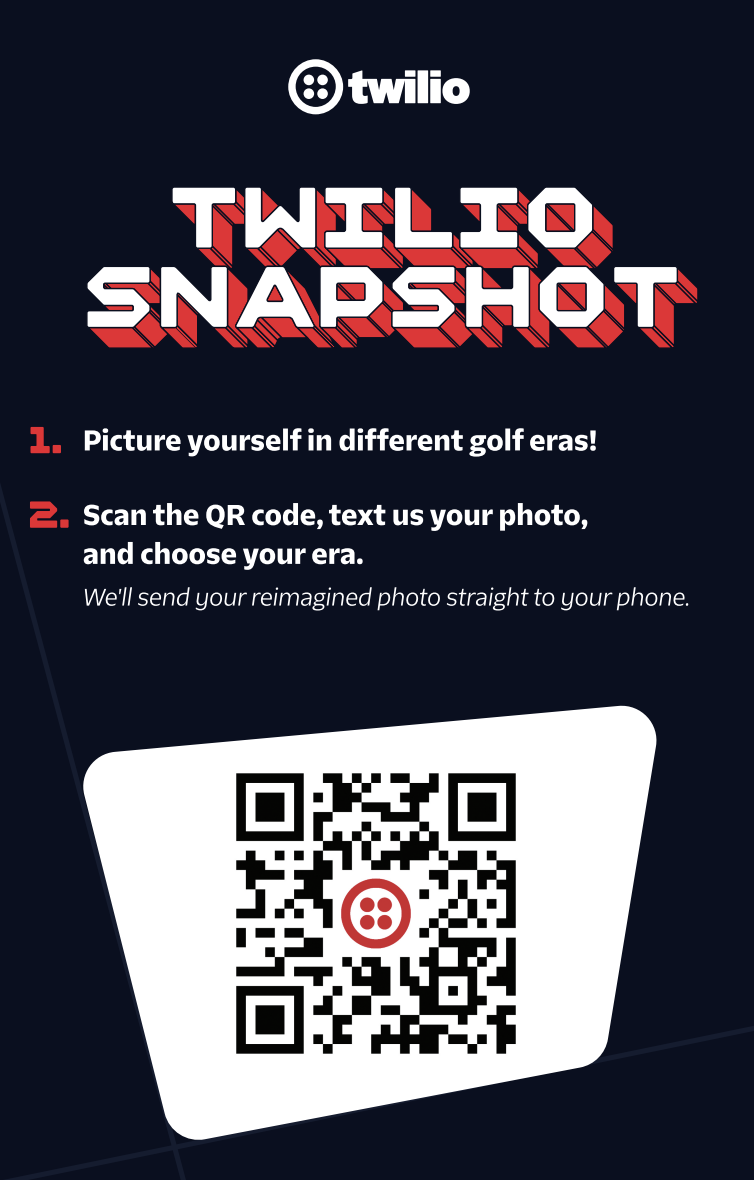 A promotional poster for Twilio's Triple Snapshot activity, instructing users to take photos in different golf eras and scan the QR code to receive reimagined images.