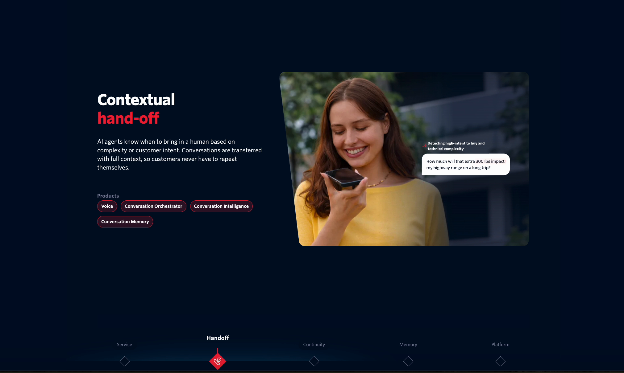 A woman smiling while looking at her phone outdoors, with a text overlay discussing AI agents and customer intent.