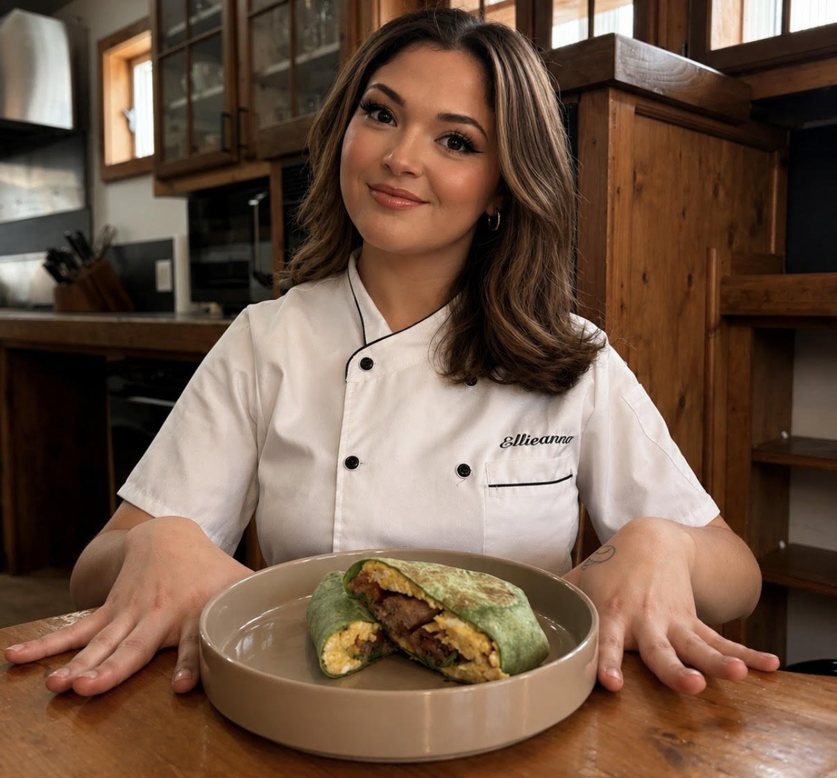 A woman wearing a white chef's coat with the name tag Ellieanna, sitting at a wooden table in a rustic kitchen, presenting a large, sliced green-colored dish with visible ingredients inside on a beige plate.