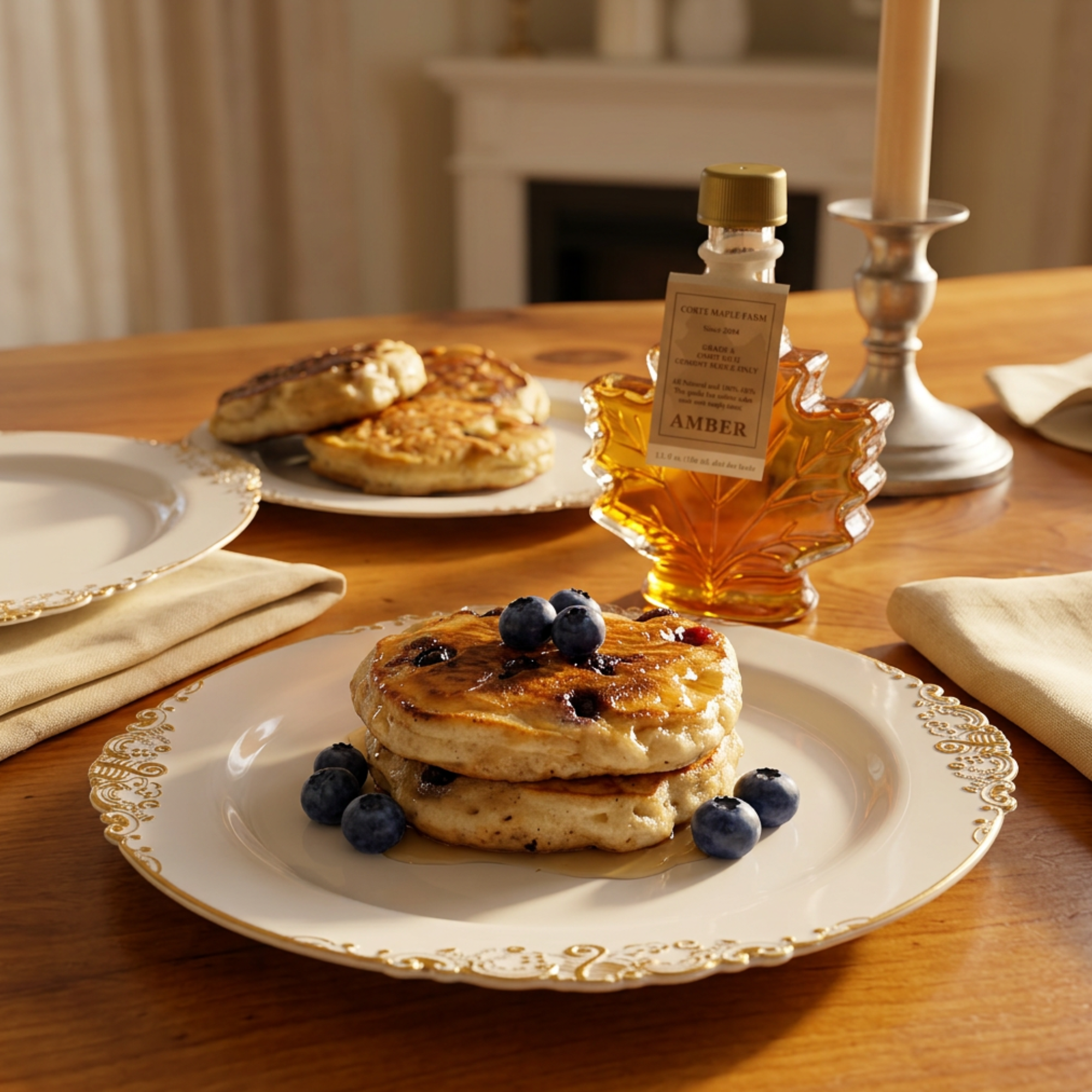 Stacked blueberry pancakes on a white ornate plate, garnished with blueberries, on a wooden table. In the background, a small glass bottle of maple syrup, a candle in a silver holder, and partially visible plates and napkins are seen.