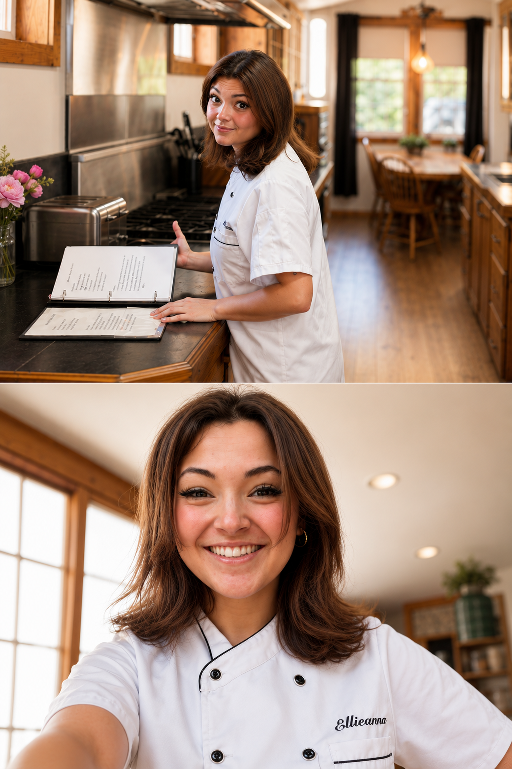 Two women in a kitchen, one in a white chef's coat and the other in a white shirt with her name 'Ellieanna' embroidered, smiling at the camera. The first woman is looking at a menu, and the second is taking a selfie with a bright, cozy kitchen background.