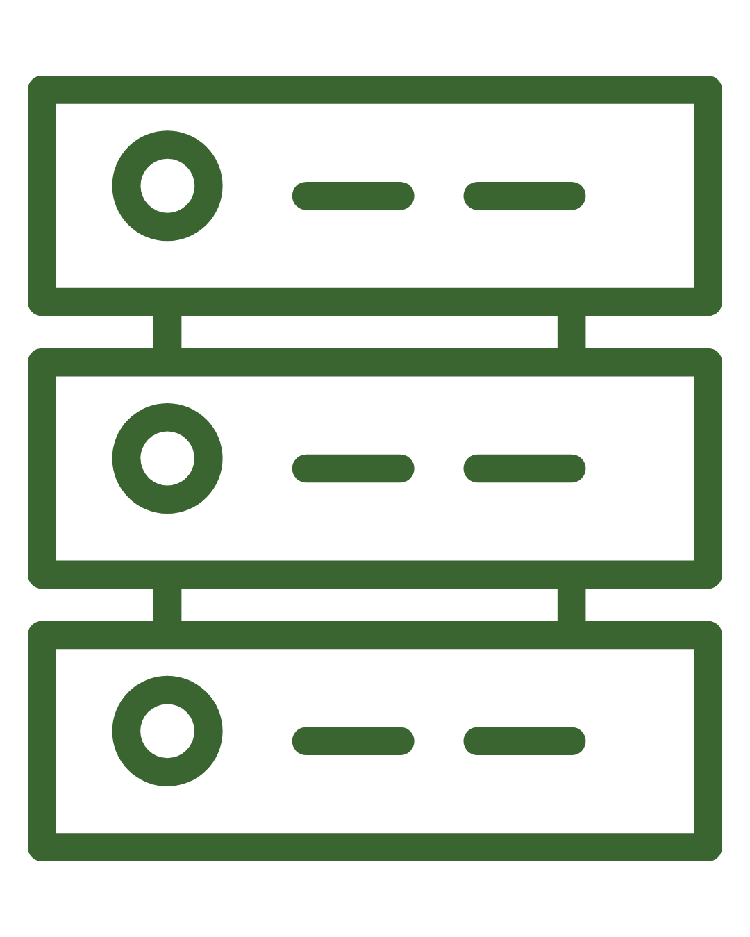 Outline illustration of three stacked server racks in green.