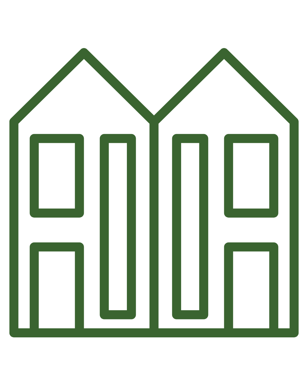 Simple green outline of two connected houses side by side, each with a gabled roof, windows, and doorways.