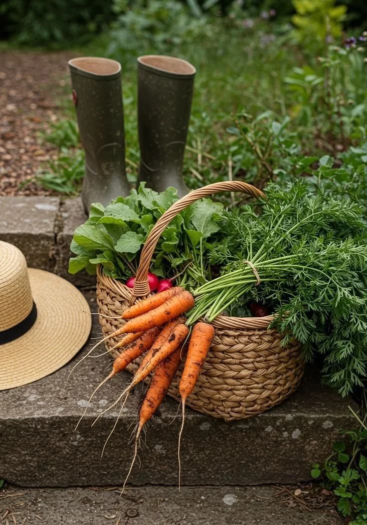 Basket of freshly harvested carrots and greens, a pair of gardening boots, and a straw hat on stone surface in garden.