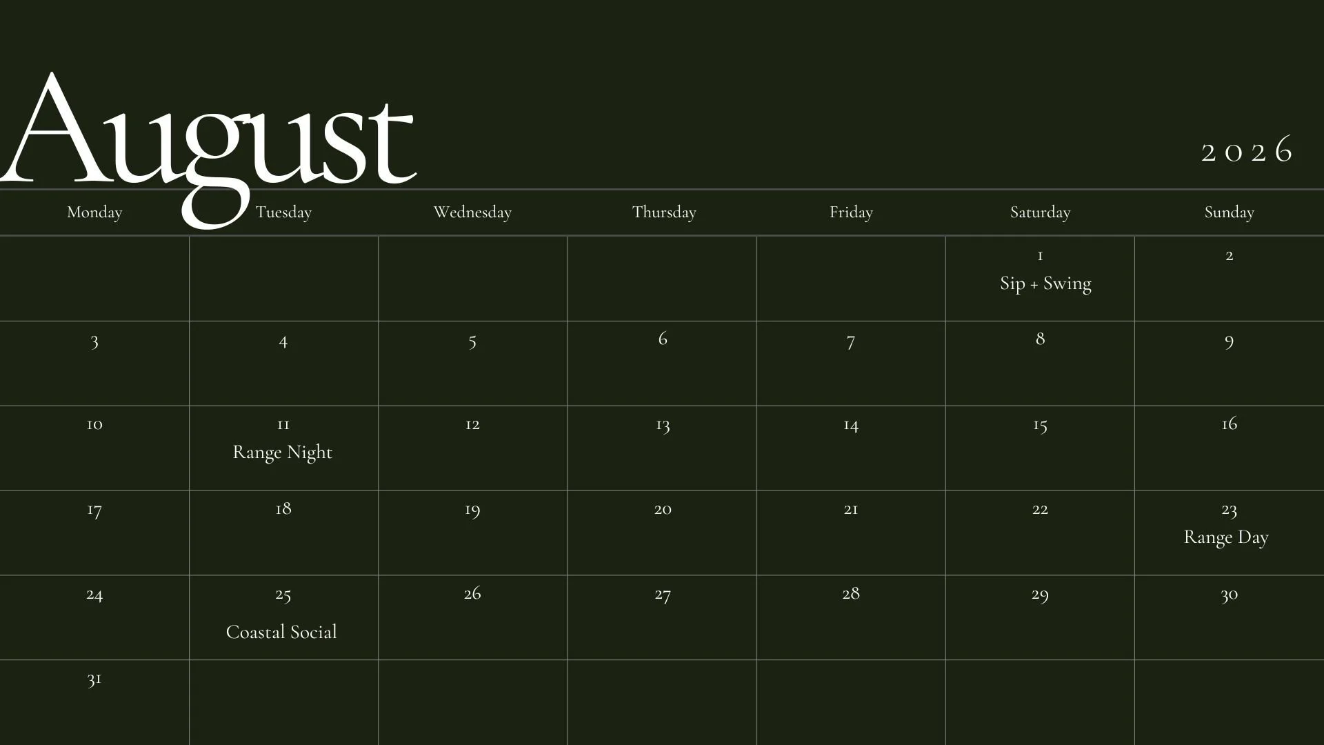 August 2026 calendar page with events: Range Night on August 11, Coastal Social on August 25, and Range Day on August 31.