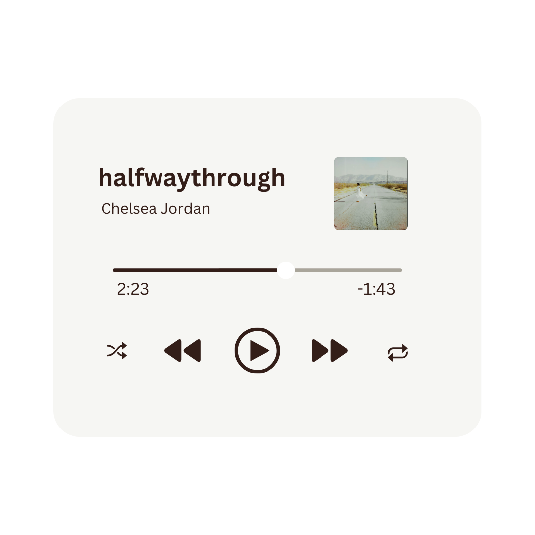 Music player screen displaying the song 'halfwaythrough' by Chelsea Jordan, with album art of a person walking down an empty road in a desert landscape.
