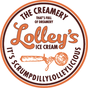 Logo for Lolley's Ice Cream, featuring the text "The Creamery" and "It's ScrumdpdillyLOLELYdelicious," with a scoop of ice cream on a spoon.