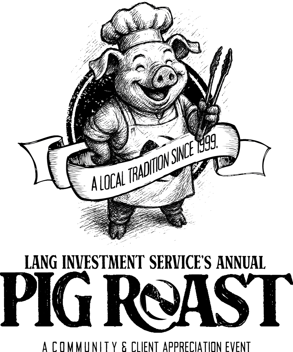 A cartoon pig dressed as a chef with a chef's hat and apron, holding tongs, standing behind a banner that reads 'A local tradition since 1999.' The pig is smiling. The event is named 'Pig Roast,' and it is an annual community and client appreciation event.